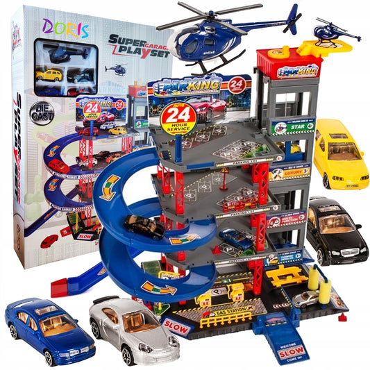 Žaislinių mašinėlių garažas su mašinėlėmis ir sraigtasparniu